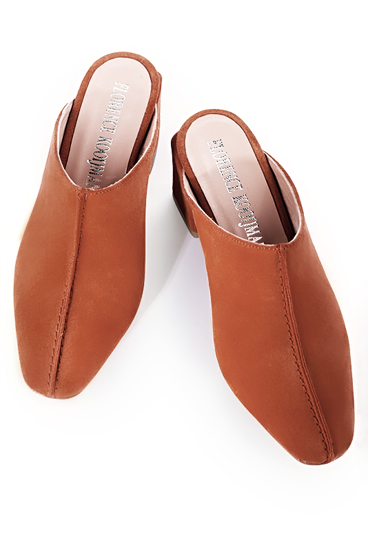Terracotta orange women's clog mules. Square toe. Medium block heels. Top view - Florence KOOIJMAN